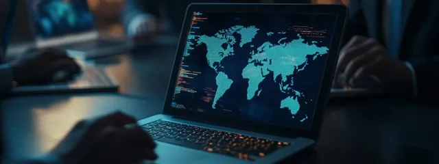 Laptop displaying a nearshore outsourcing map in a dimly lit room, suggesting cybersecurity or data analysis theme.