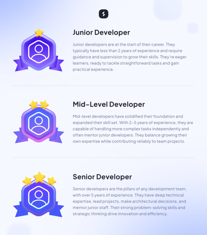 An infographic about experience levels of software developers: junior developer, mid-level developer, senior developer.