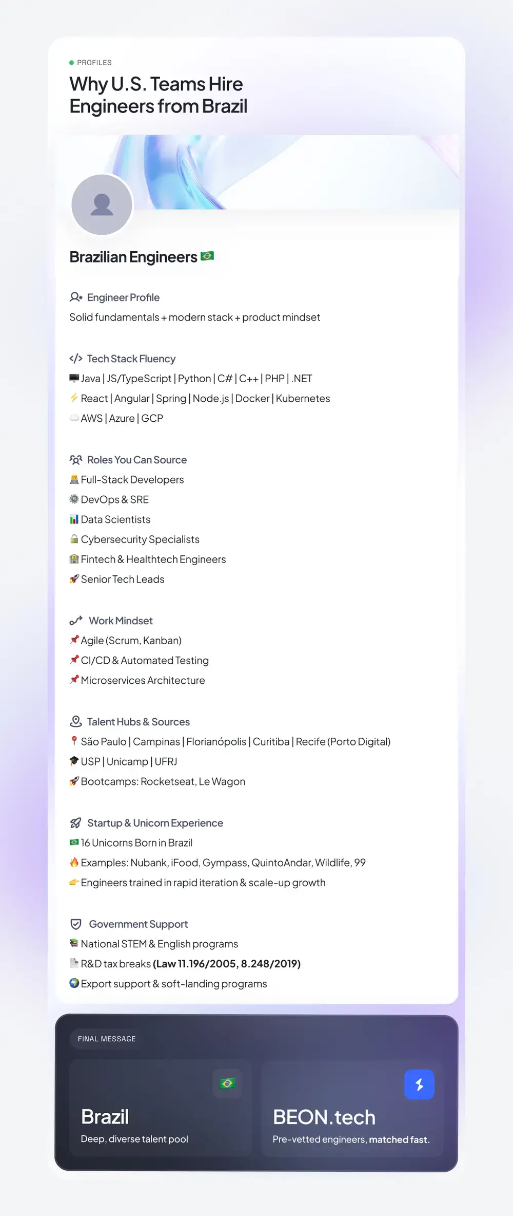 Comprehensive profile infographic titled "Why U.S. Teams Hire Engineers from Brazil." It provides a detailed breakdown of the Brazilian tech talent pool, covering modern tech stack fluency, senior roles available for sourcing, an Agile-ready work mindset, top university and bootcamp sources, startup unicorn experience, and robust government support.