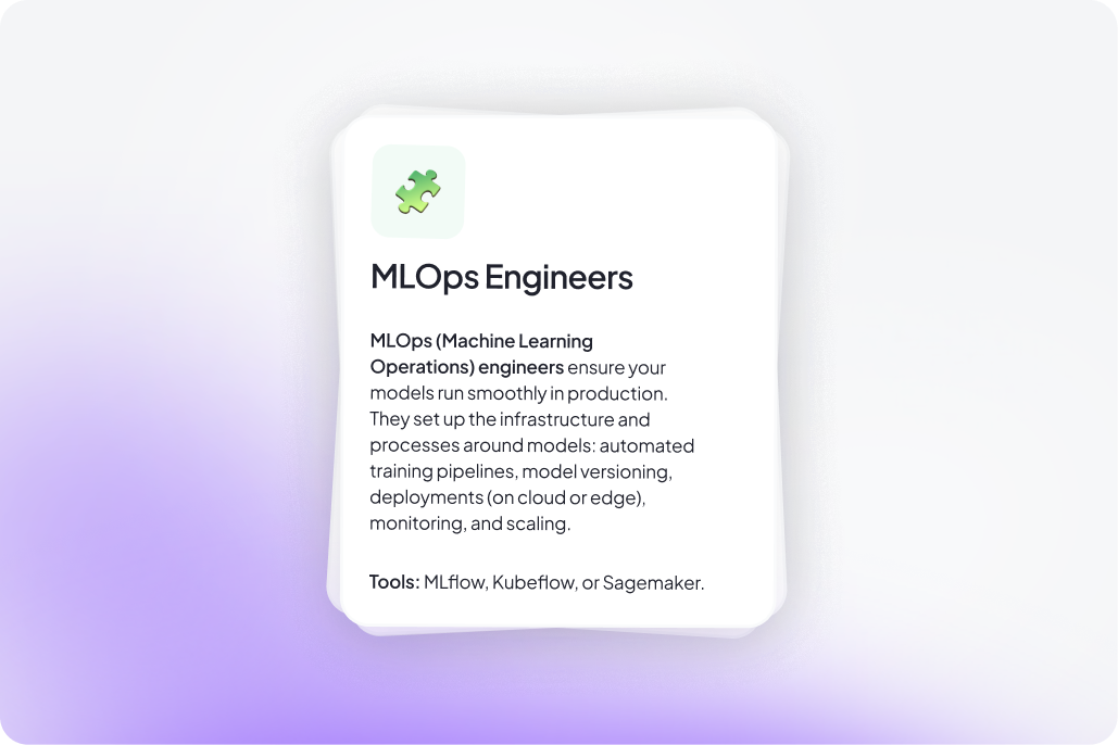 A card titled “MLOps Engineers” with a green puzzle piece emoji at the top. The description states that MLOps (Machine Learning Operations) engineers ensure models run smoothly in production by setting up infrastructure and processes, including automated training pipelines, model versioning, cloud/edge deployments, monitoring, and scaling. Tools mentioned include MLflow, Kubeflow, or Sagemaker.
