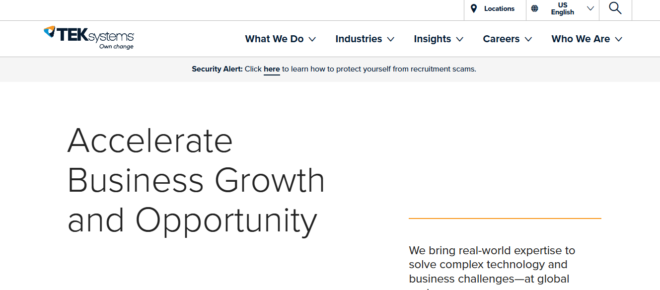 Hero section of TEKSystems website highlighting you can accelerate business growth and opportunity 