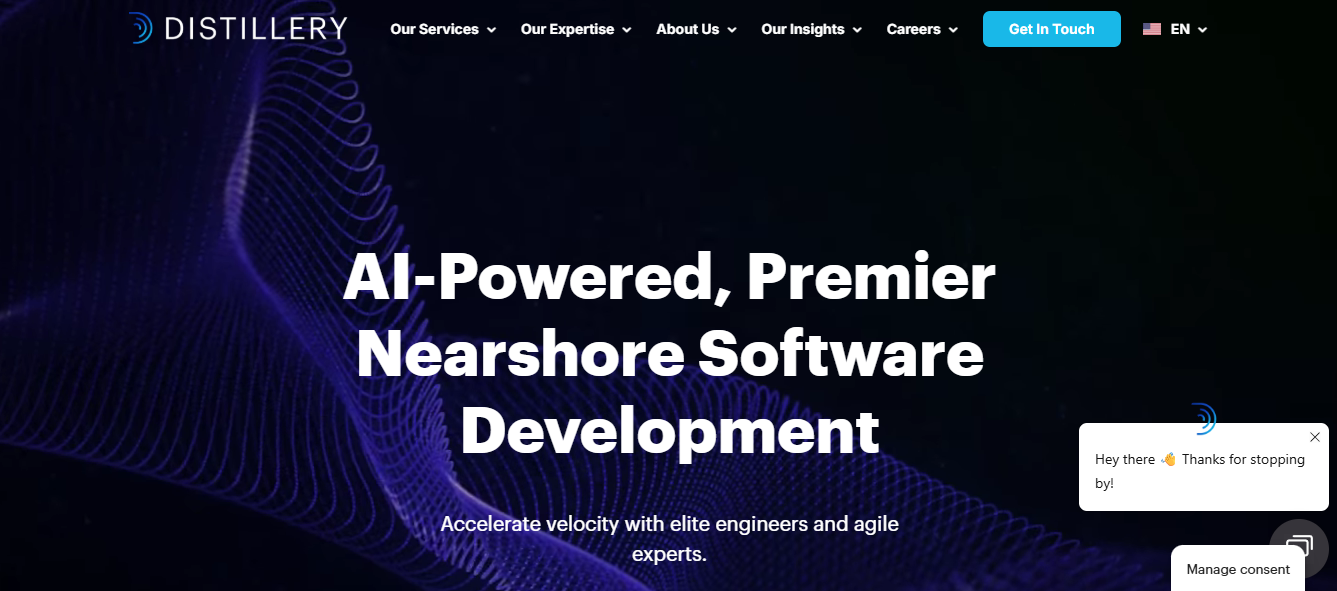Hero section of Distillery website highlighting they deliver AI-powered, premier nearshore software development 