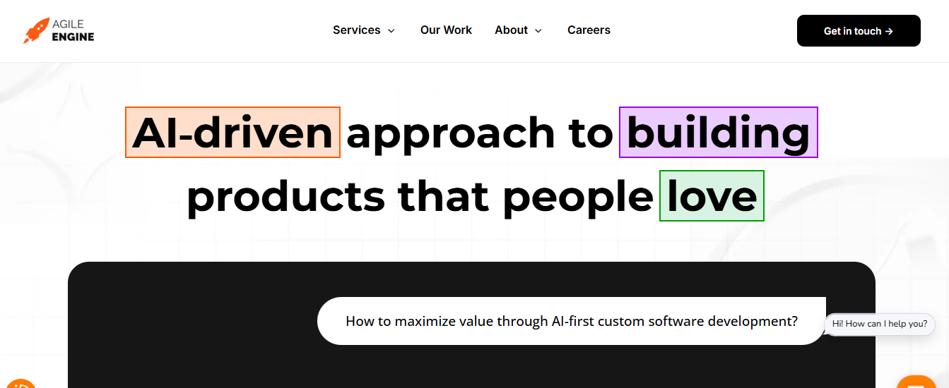 Hero section of AgileEngine website highlighting you can build products that people love through an AI-driven approach