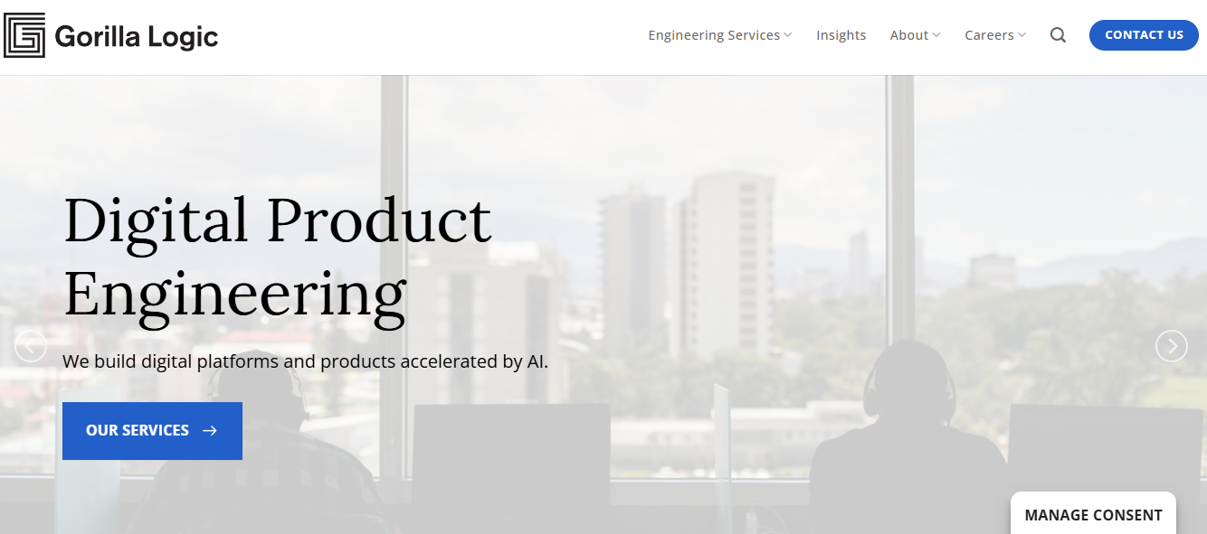 Hero section of Gorilla Logic website highlighting they are a digital product engineering agency