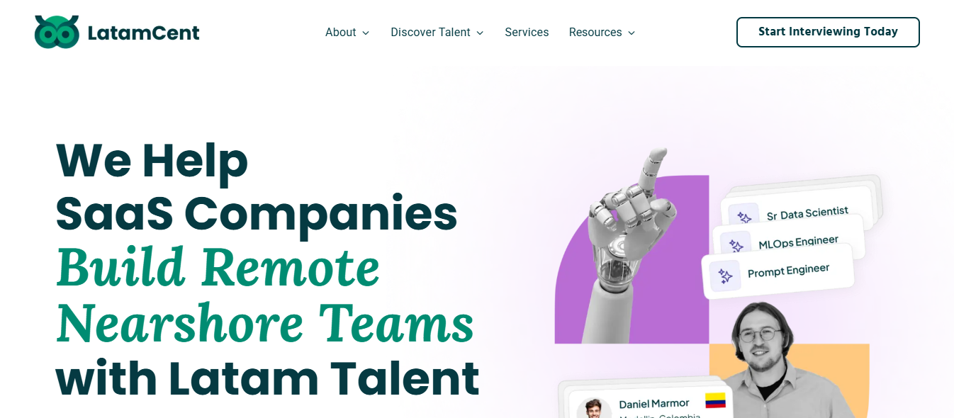 Hero section of LatamCent website highlighting they help SaaS companies buildig remote nearshore teams with Latam talent 
