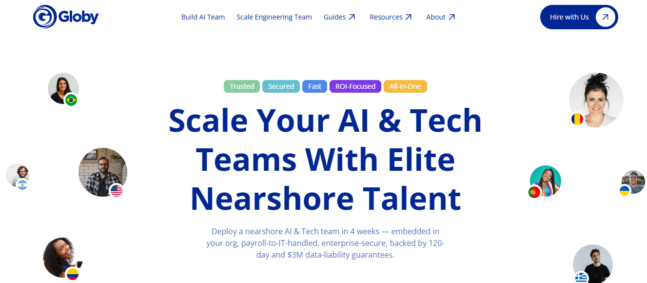 Hero section of GoGloby website highlighting they scale your AI & tech teams with elite nearshore talent