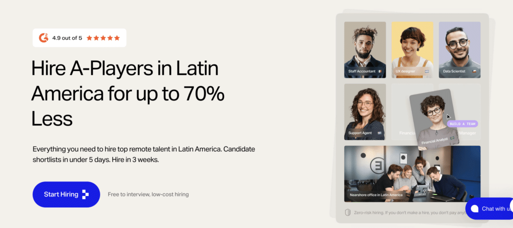 Hero section of a nearshore IT staffing website highlighting you can build high-performing remote teams.