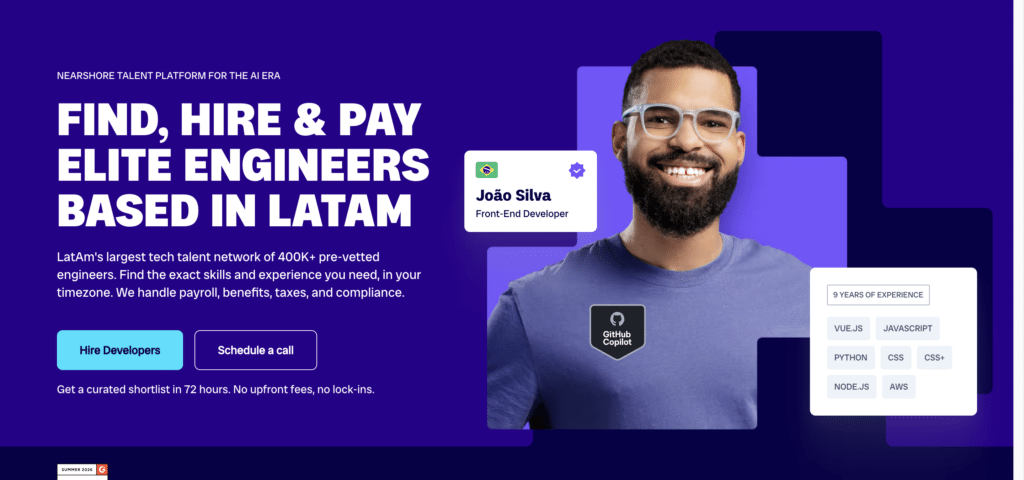 Hero section of a IT outsourcing website promoting vetted full-stack engineers from Latin America with AI and 100+ technology skills.