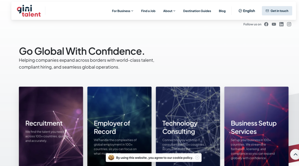 Hero section of a IT recruitment website highlighting they offer global expertise.