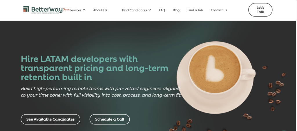 Hero section of BetterWay Devs, a Colombian staffing firm.