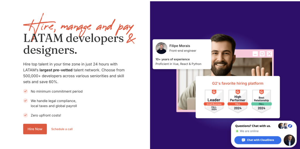 Hero section of CloudDevs highlighting you can hire, manage, and pay LATAM developers.