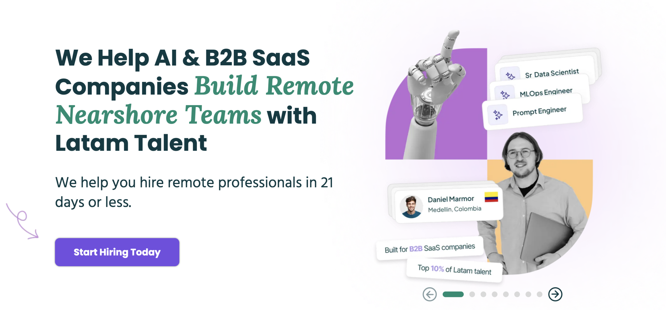 Hero section of LatamCent website highlighting they help SaaS companies buildig remote nearshore teams with Latam talent.