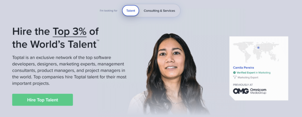 Hero section of Toptal’s website highlighting access to the top 3% of global talent, featuring a professional headshot of a verified expert and a call-to-action to hire top talent.