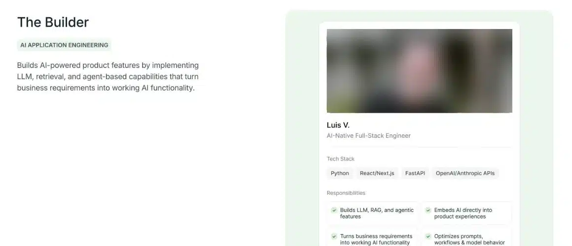 Andela's AI engineers page showing The Builder archetype, AI application engineering, next to a sample engineer profile with the photo blurred