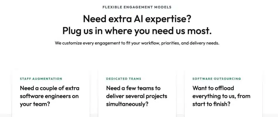 BairesDev's AI page listing three engagement models: staff augmentation, dedicated teams and software outsourcing