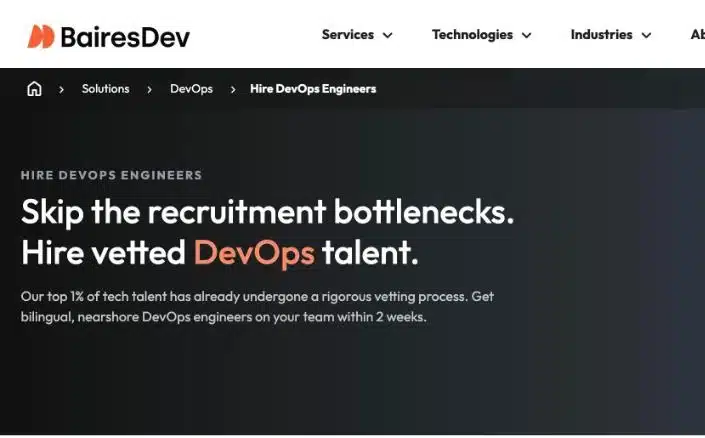 BairesDev's Hire DevOps Engineers page promising bilingual nearshore DevOps engineers on your team within two weeks
