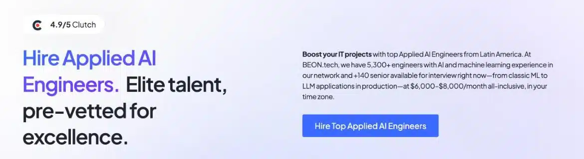 BEON.tech's Hire Applied AI Engineers page with its 4.9 Clutch rating and senior pricing of $6,000 to $8,000 a month, all-inclusive
