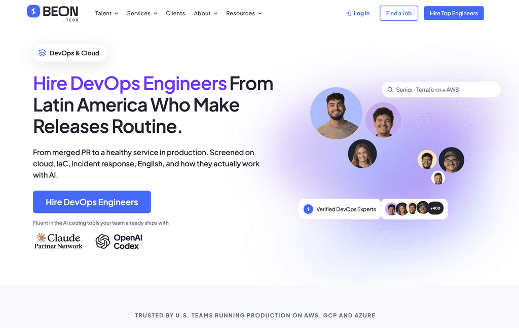 Screenshot of BEON.tech's DevOps engineers page 