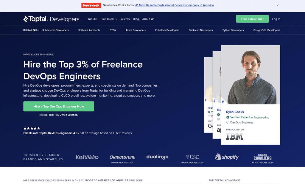 Screenshot of Toptal's DevOps engineers page