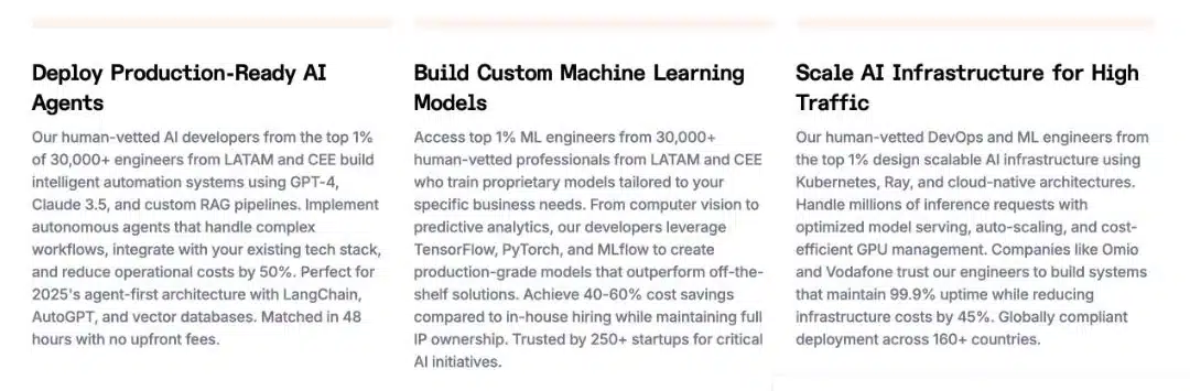 Index.dev's AI developers page describing AI agents, custom machine learning models and AI infrastructure work by engineers from Latin America and Central and Eastern Europe