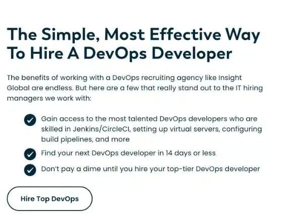 Insight Global's DevOps developer page promising a DevOps developer in 14 days or less and no payment until you hire
