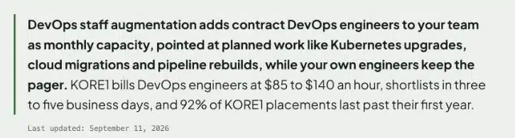 KORE1's DevOps staff augmentation page stating it bills DevOps engineers at $85 to $140 an hour and shortlists in three to five business days
