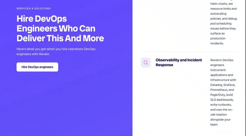 Revelo's DevOps page, where the observability and incident response section says its engineers build SLO dashboards, write runbooks and own the on-call rotation alongside your team