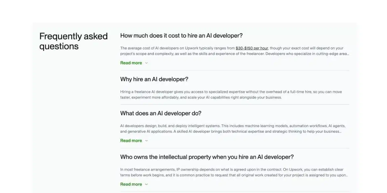 Upwork's AI developer FAQ stating that AI developers on Upwork typically charge $30 to $150 per hour